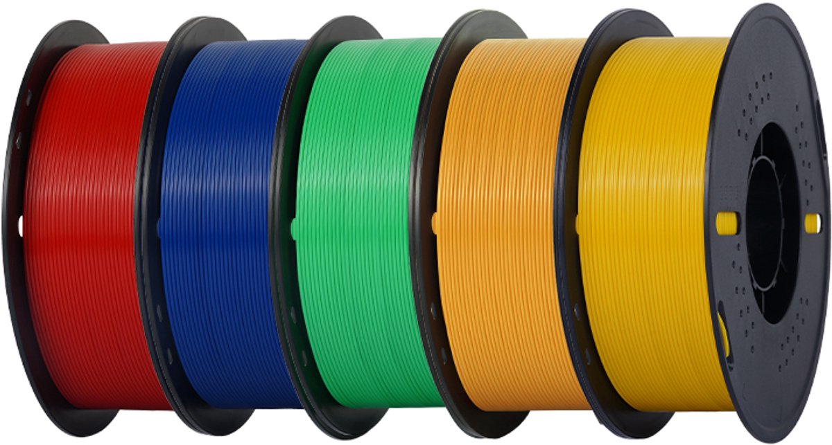 KINGROON Kleurenassortiment PETG Filament 1,75 mm – 5 kg – 5 Rollen van 1 kg – Rood, Donkerblauw, Groen, Oranje & Geel – 3D Printer Filament