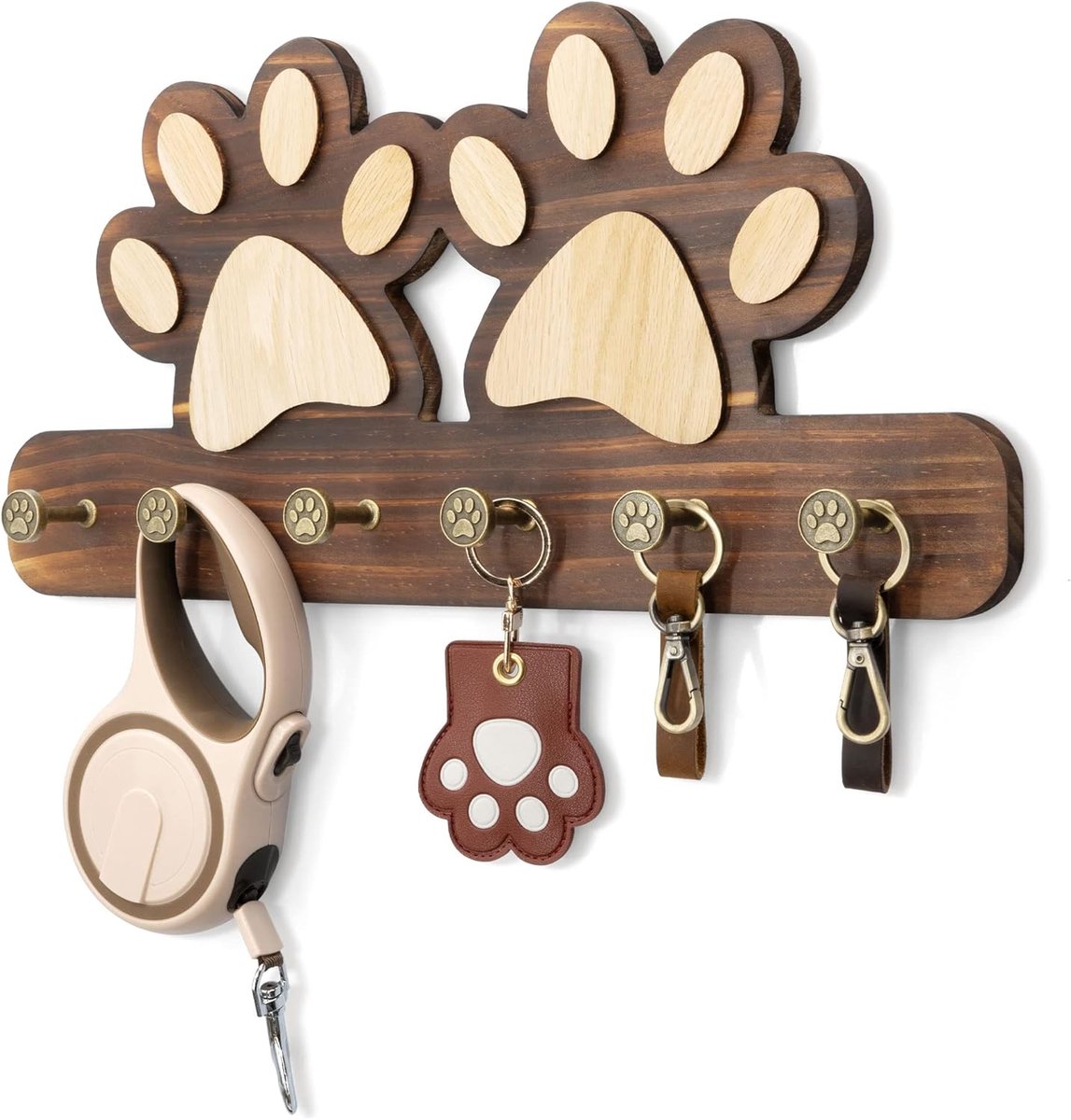 Casalora Wand-sleutelhouder – Decoratieve hondenlijnhouder – Kapstok voor jassen en hoeden – Woonaccessoire met hondenthema – 6 sleutelhaken – Bruin