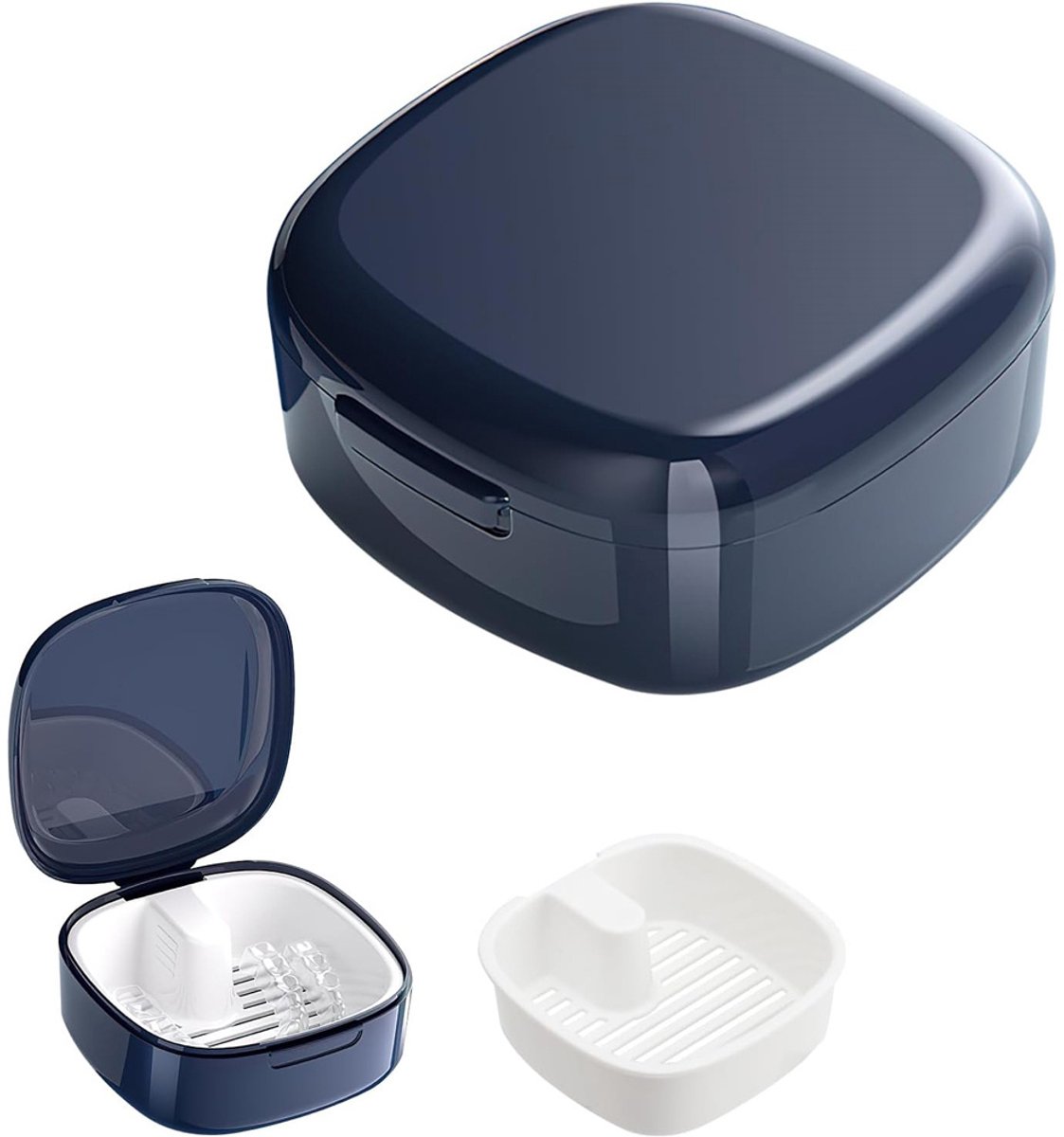 Reinigingsdoos voor kunstgebitten,Opbergdoos voor kunstgebitten, Draagbare doos voor het weken van tanden, Houder voor orthodontische tandverzorging, Voor op reis, op de camping, op kantoor, Blauw