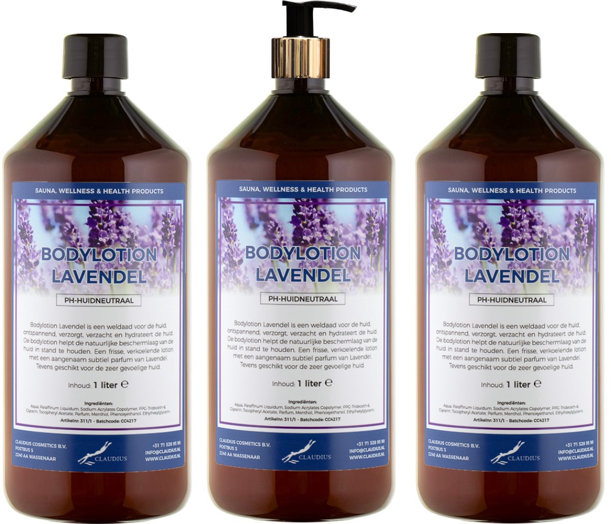 Bodylotion Lavendel 1 Liter - met gouden pomp - set van 3 stuks