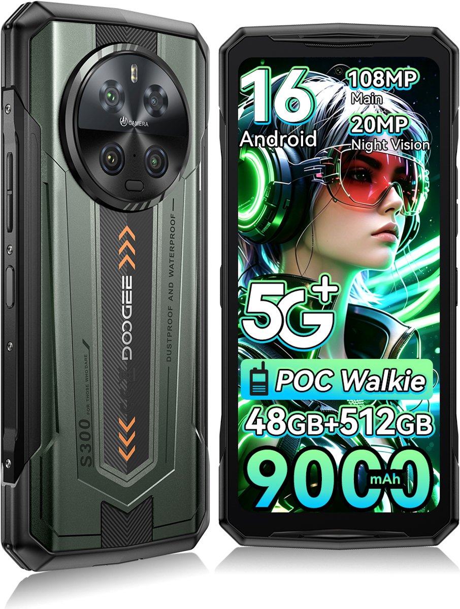 DOOGEE S300 5G - AI Smartphone - Robuuste Smartphone - 9000mAh/45W- 6,78 inch+120Hz - 108MP AI Quad Camera - Dimensity 7300 - 48GB RAM + 512GB ROM - Android 16 - NFC - Vingerafdruk - Gezichtsherkenning - WiFi6E