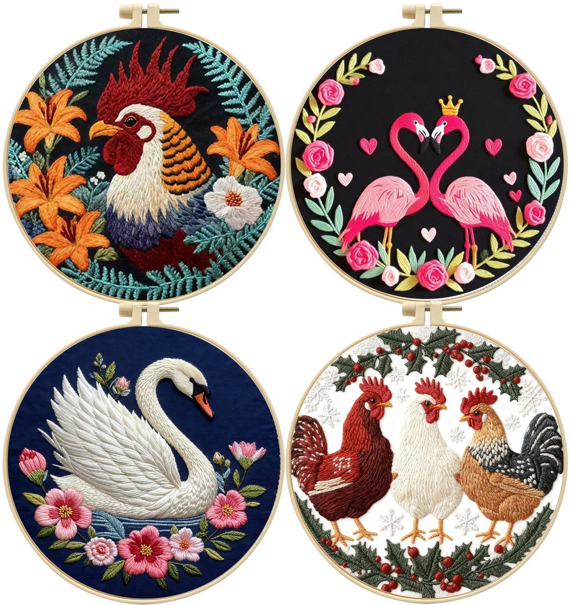 Casalora Borduurpakket – Vogelcombinatie Borduren - 4 Stuks - DIY Borduurset voor Beginners en Volwassenen met Borduurring, Voorgedrukt Borduurstof en Accessoires – Handwerk Borduur Kit