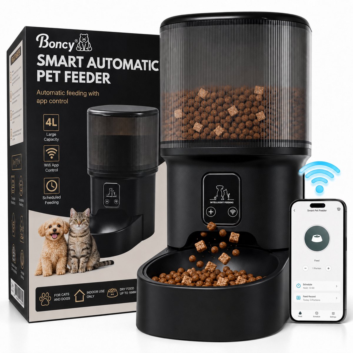 Boncy® Automatische Voerbak 4L - Voerautomaat voor Hond & Kat - Voerdispenser met Smart App WiFi Control - Pet Feeder - Elektrische Voerbakken - Zwart