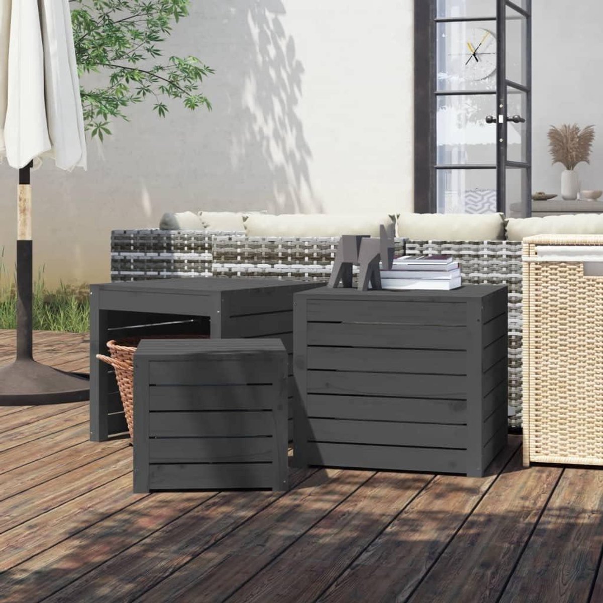 Tuinbox Set - Opbergkist Terras - Tuin Organiseren - Massief Grenenhout - 38 x 38 x 34 cm - Grijs