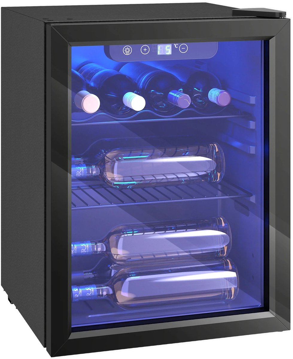 Joorly Wijnkoeler Wijnkoelkast Mini Koelkast Wijnkast Wijnrek Compressor – Touchscreen – Anti-UV glas LED-verlichting 43 X 41 5 X 57 5 ​​cm 16 flessen Zwart