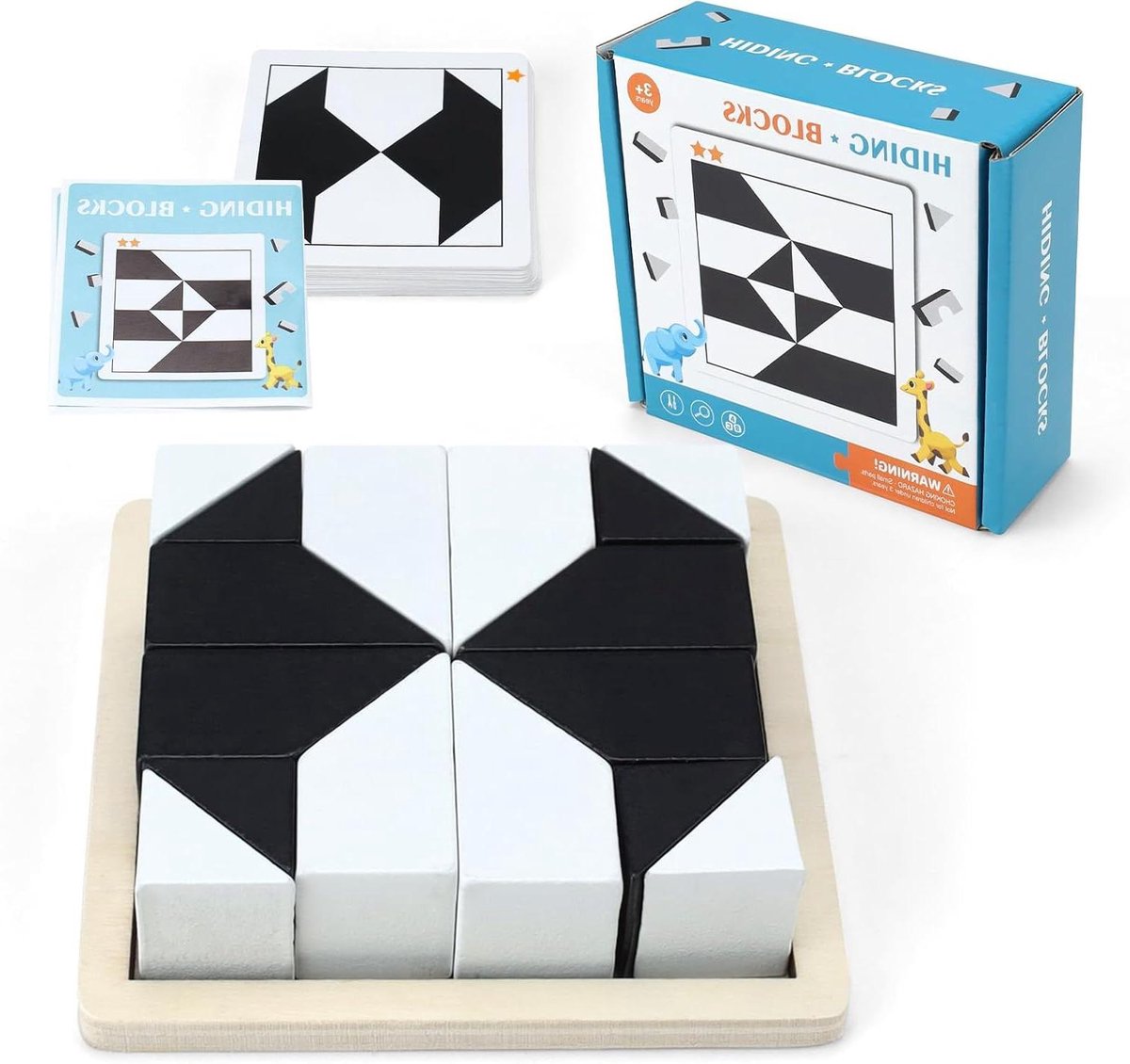 Houten Puzzel - Geometrische Vormen - Intelligentie Ontwikkeling - 40 Puzzelkaarten - 16 Blokken - Zwart Wit