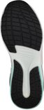 Onderkant van een grijze Skechers sneaker met zwart profiel en witte en mintgroene details.