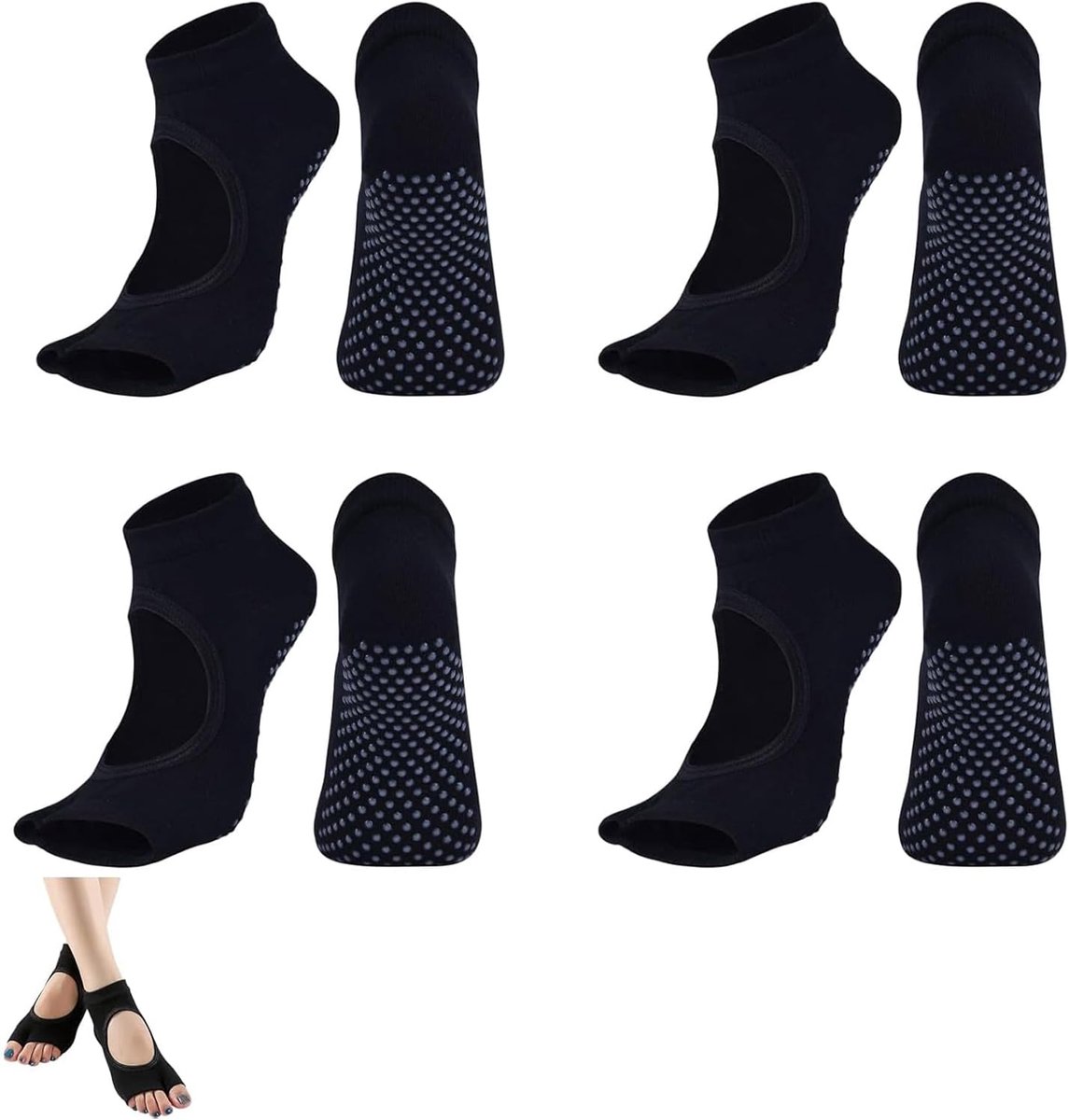 4 Paar Dames Antislip Pilates Sokken met Open Teentje, Zwart, Maat 34-39 - Ademend en Comfortabel voor Veiligheid en Stabiliteit