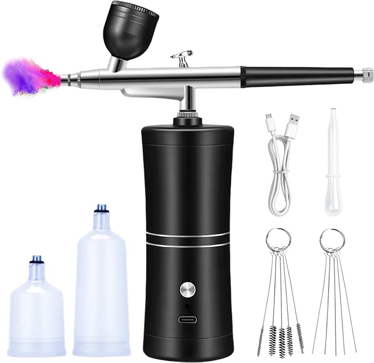 Airbrush-set met compressor, airbrush-kit met compressor, draagbare USB-oplaadbare dubbele actie voor nagels, airbrush-set, kleurset, modelkleuren, nagelkunst, tatoeages (zwart)