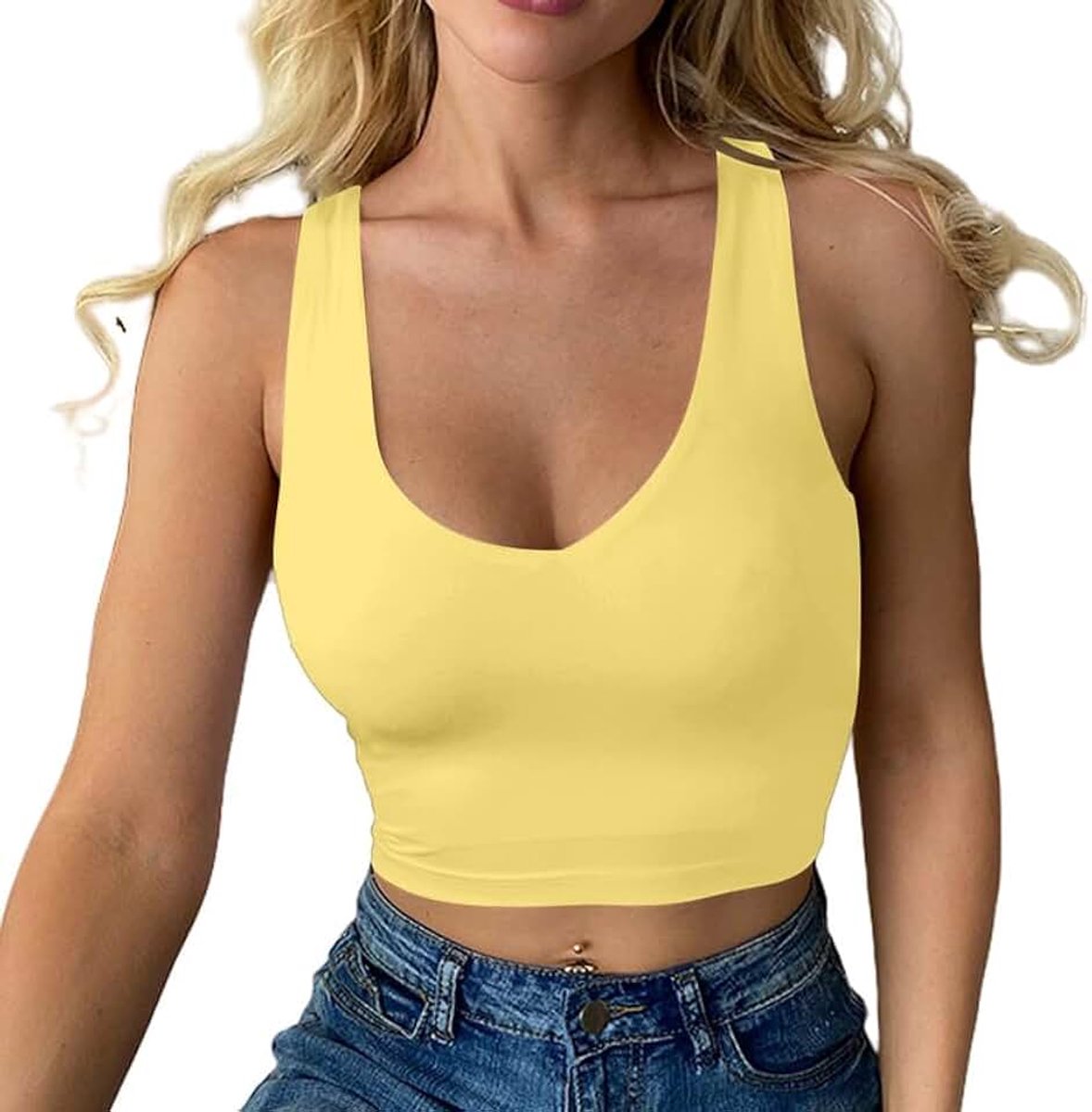 Tanktop voor dames, elegant, zomer, crop top, sexy, slim fit, tanktop, mouwloos, korte mouwen, sporttop met V-hals, basic strakke onderjas, modieus T-shirt, effen shirt