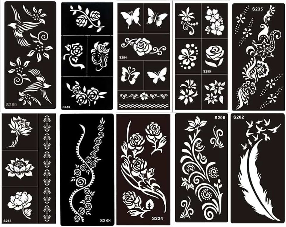 10 vellen bloemen vlinder vogel tattoo sjabloon tattoo sjabloon voor lichaam en handbeschildering Flowers10
