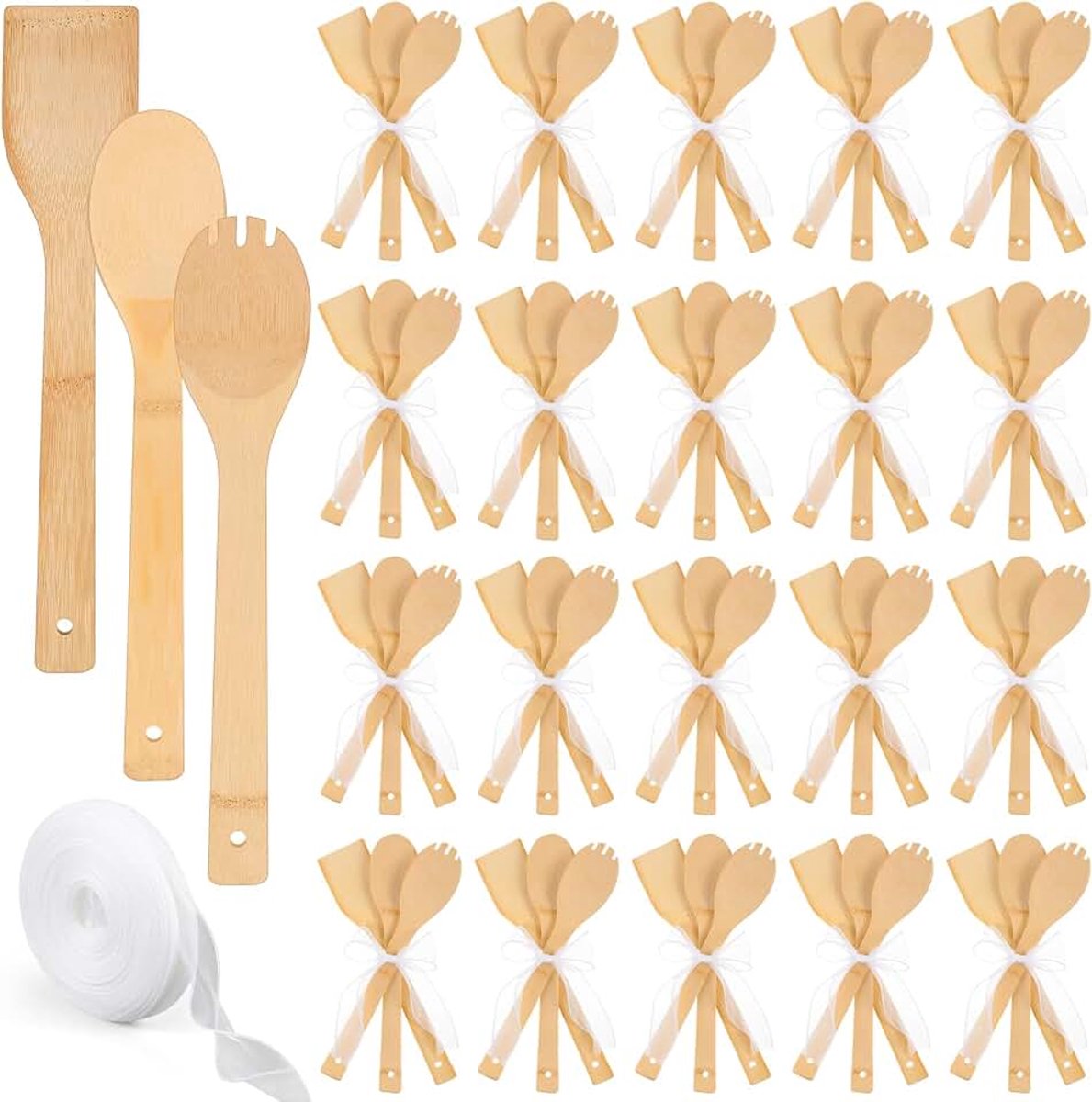 24 Sets Bamboe Spatel Bamboe Keukengerei 30 cm Platte Handvat Bamboe Wok Spatel Met Fishtail Lint Voor Keuken Koken Verjaardag Bruiloft Baby Shower Housewarming Party Gift