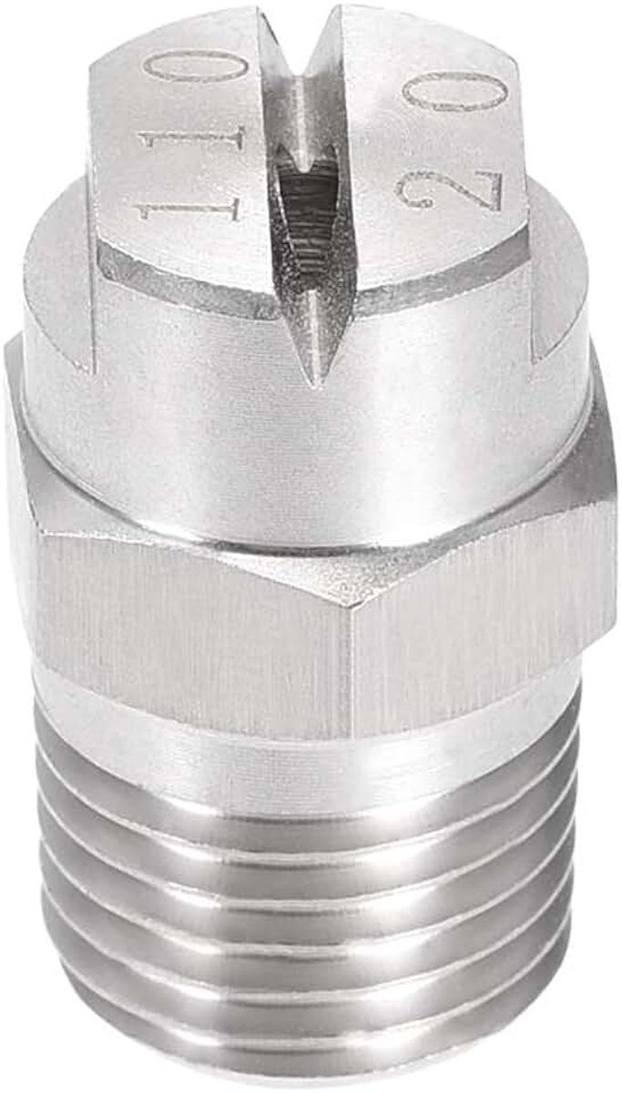Sourcing map Vlakke straalsproeier tip - 304 roestvrij stalen mondstuk 1/4BSPT buitendraad 1/4BSPT (110 graden, 2,8 mm opening)