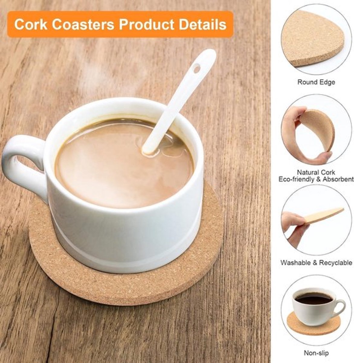 Set van 20 ronde kurken onderzetters - Retro design - Herbruikbare houten onderzetters - Absorberend - Diameter 10 cm - 4 mm dik - Voor dranken, koffie, thee - Restaurant, kantoor