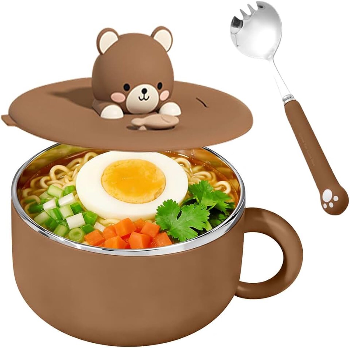 Ramenkom met deksel, met warmte-isolatie, zegel en lepel, instant kom van 304 roestvrij staal, draagbare pastakom voor soep, pasta, knoedels en salades (beer)