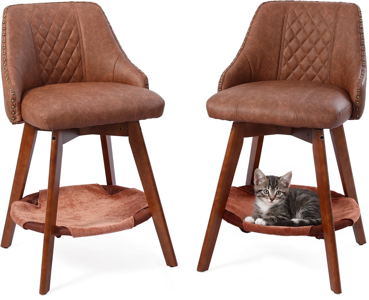 HomeMiYN Set van 2 Barkrukken, 360° Draaibare Barstoelen met PU Leder, Vintage Keukenkrukken met Ergonomische Rugleuning en Huisdierzitje