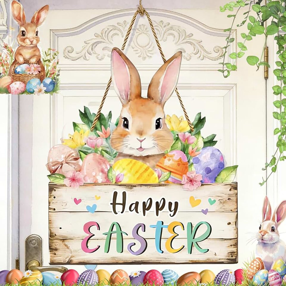 Easter Deurplaatje Paaslente Deurplaatje Welkomstplaatje Hangend, Houten Bord Om Op Te Hangen voor Pasen Deurdecoratie met Cartoon Paashaas voor Binnen Buiten Raam Muur Feesten
