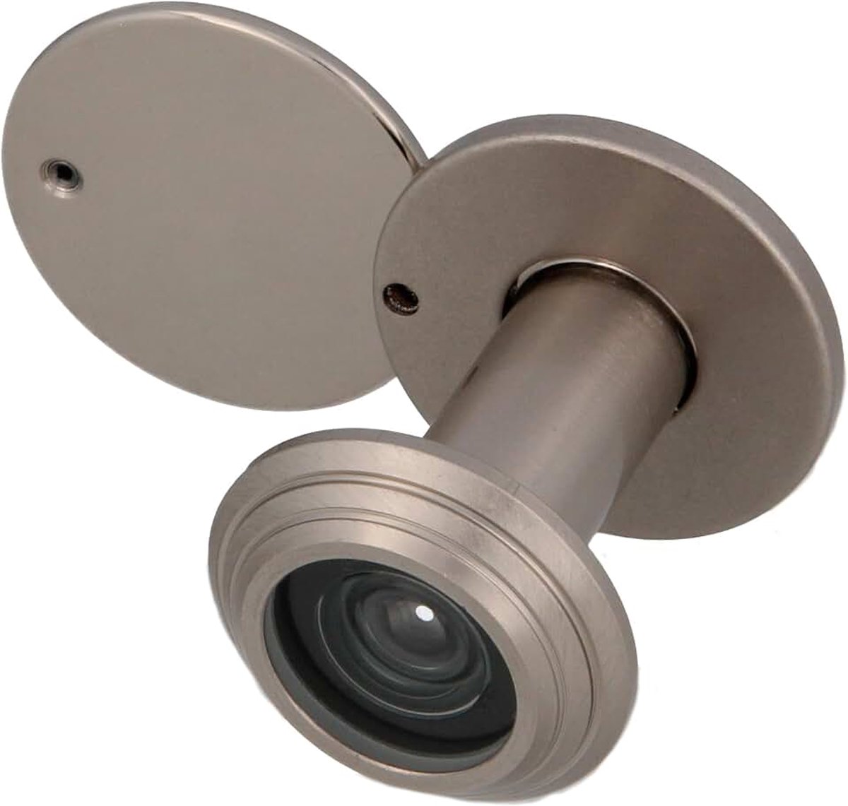 - Deurkijker - Supergroothoeklens - Voor binnen- en buitendeuren - Zilverkleurig - Messing - Afmetingen: Diameter 14 mm en deurdikte 35-55 mm - Gecertificeerd voor brandwerende deuren