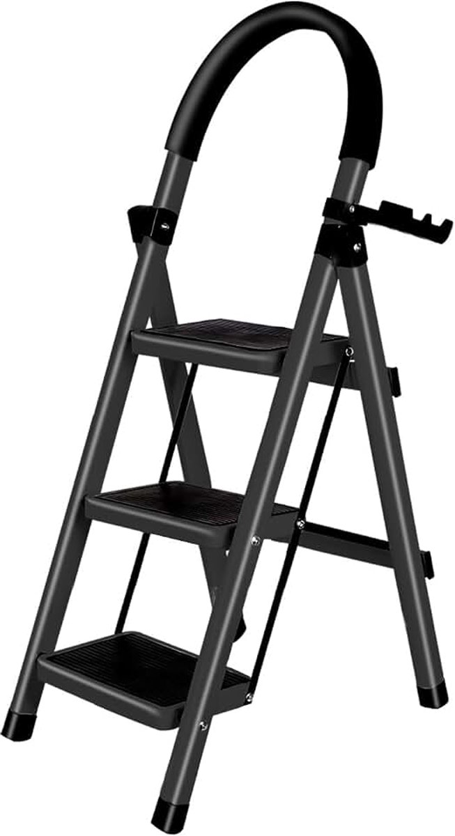 Vouwladder met 3 treden van koolstofstaal, antislip, met armleuningen, opvouwbaar en ruimtebesparend, voor huis, keuken en garage (zwart)