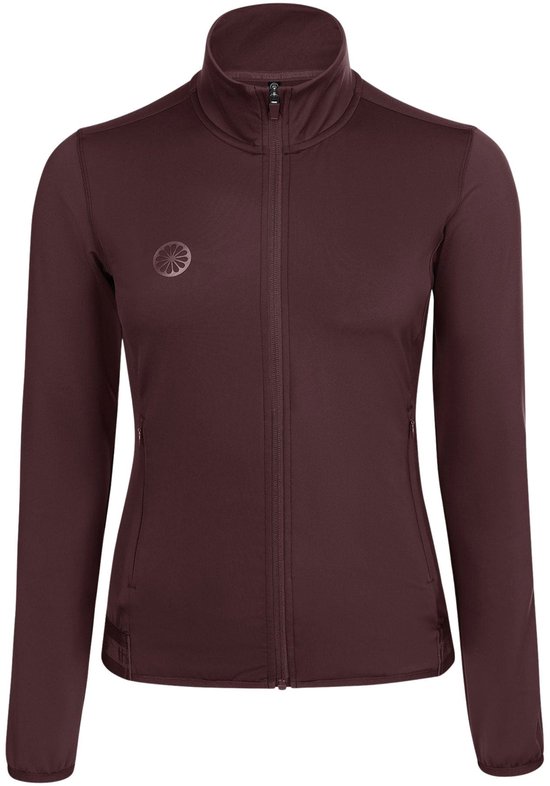 Bruine dames trainingsjack met ritssluiting, hoge kraag en een logo op de linkerborst.