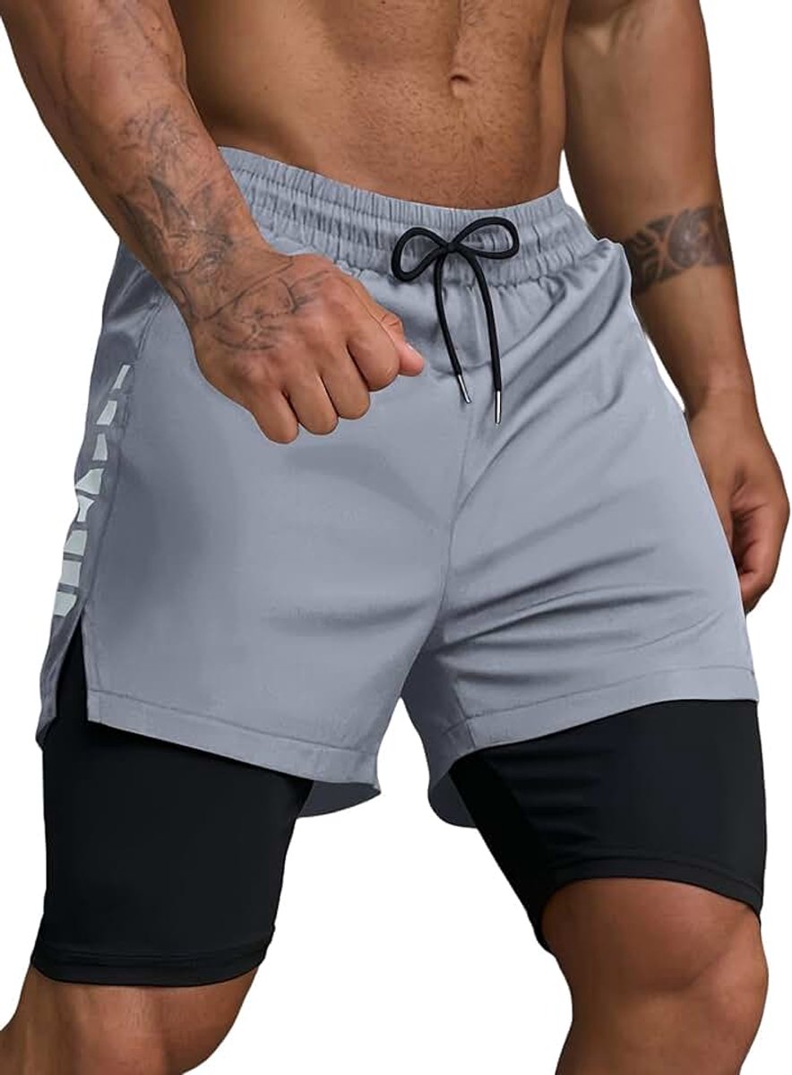 Shorts voor heren, kort, 2-in-1 shorts, hardloopshorts voor heren, sneldrogende sportbroek met zakken, ademende trainingsshorts
