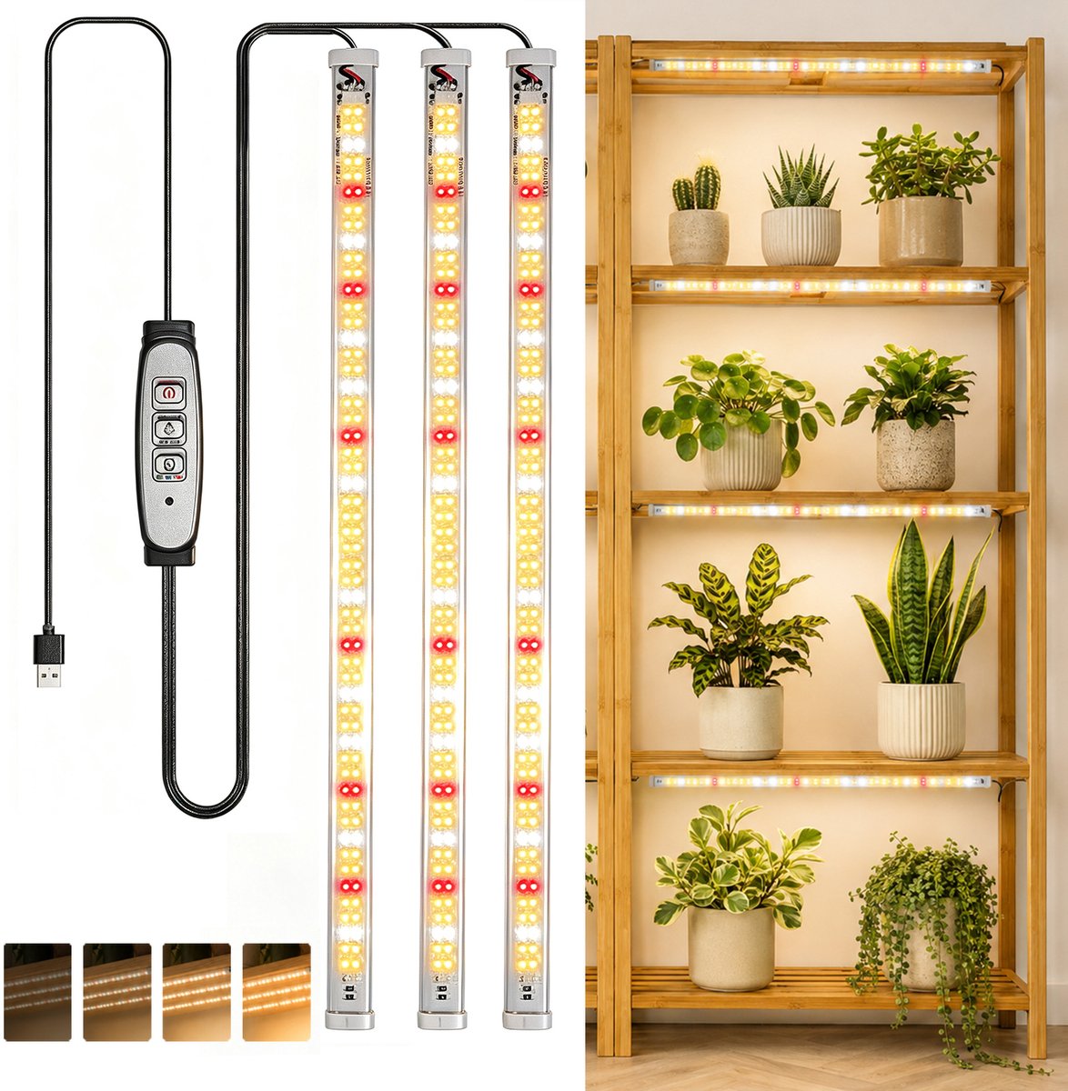 Rosnek Magnetische LED Kweeklamp Strips - 3 Lichtbalken van 30 cm - 108 LED's per Balk - Zonlichtspectrum - Timer 3/9/12 Uur - 4 Helderheidsniveaus