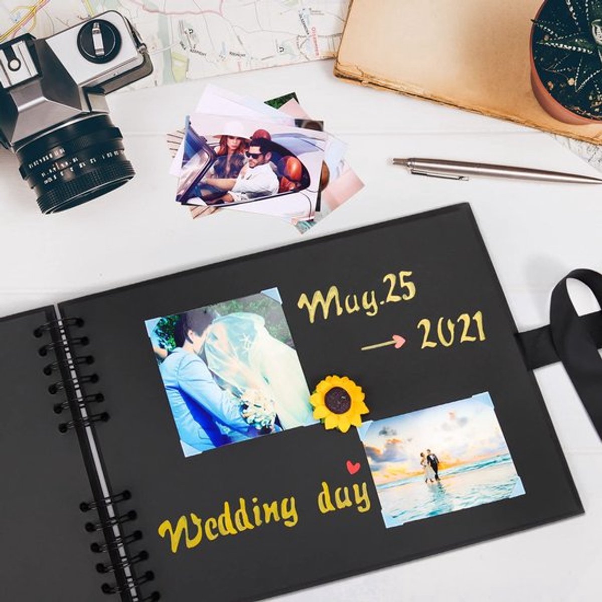 - Scrapbook-kit - Fotoalbum 28,5x21 cm - Doe-het-zelf Gastenboek - 80 Pagina's - Zijden Lint - Creatieve Herinneringen - Geschikt voor Verjaardag Br..