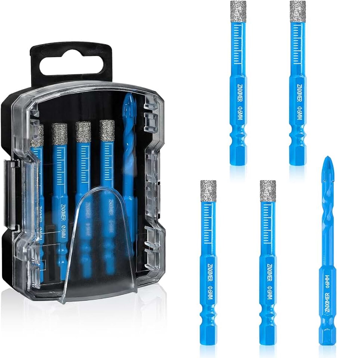 Tegelboor diamantboor glasboor set 5-delig 6, 6, 6, 6 mm + 6 mm hardmetalen boor voor keramiek, graniet, glas, porselein, tegels, droog en nat boren