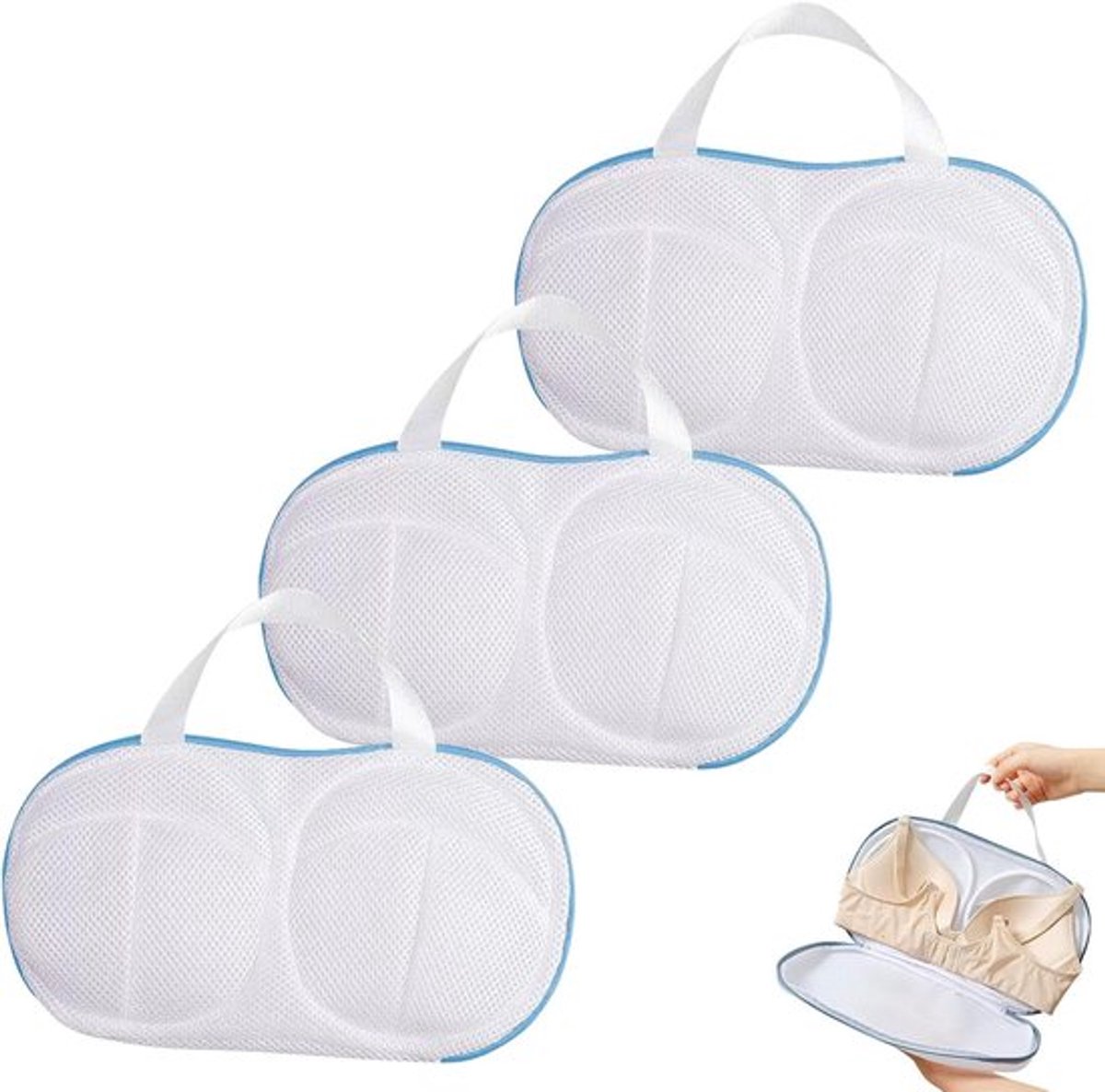Set van 3 blauwe waszakken voor bh's met ritssluiting en handvatten, 3D-beschermbeugels, vormvast, geschikt voor de wasmachine en opslag (afmetingen: 32,4 x 18,3 cm).