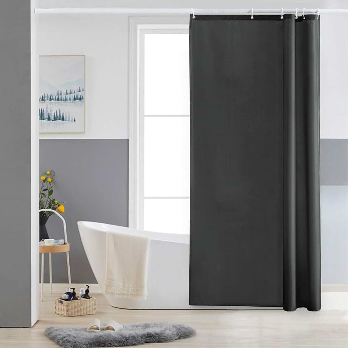Smal douchegordijn voor hoekdouche en klein bad, badgordijn textiel van polyester, schimmelbestendig, waterafstotend en wasbaar, donkergrijs, 90 x 180 cm met 6 douchegordijnringen.
