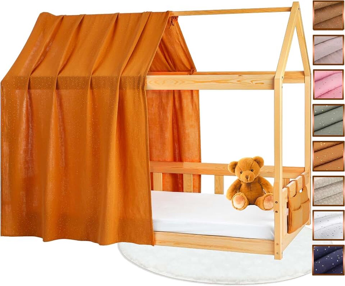 Hut, 100% katoen, hemel, hut voor Montessori-bed, 80 x 160, 90 x 200 cm, Oeko-Tex Gots (camel/goud, 120 x 370 cm + opbergtas)
