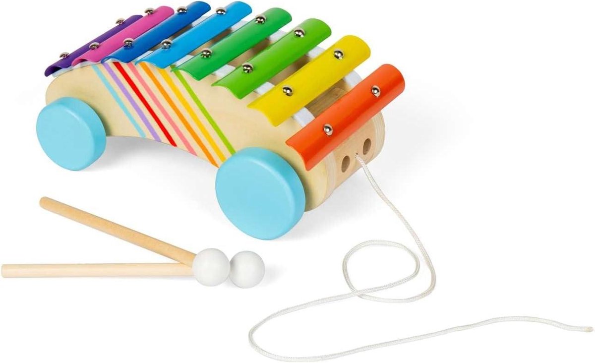 Houten Xylofoon - Muziekinstrument - Vroege Ontwikkeling - 2-in-1 Trekker - 22 cm breed - Regenboog