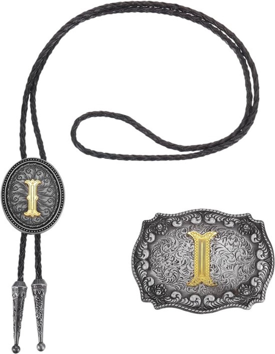 Set van 2 stuks Bolo Stropdas en Gesp voor Western Cowboy Stijl - Gouden Stropdas met Lederen Touw voor Mannen en Vrouwen, Vintage Accessoires in Grijs en Zwart/Goud