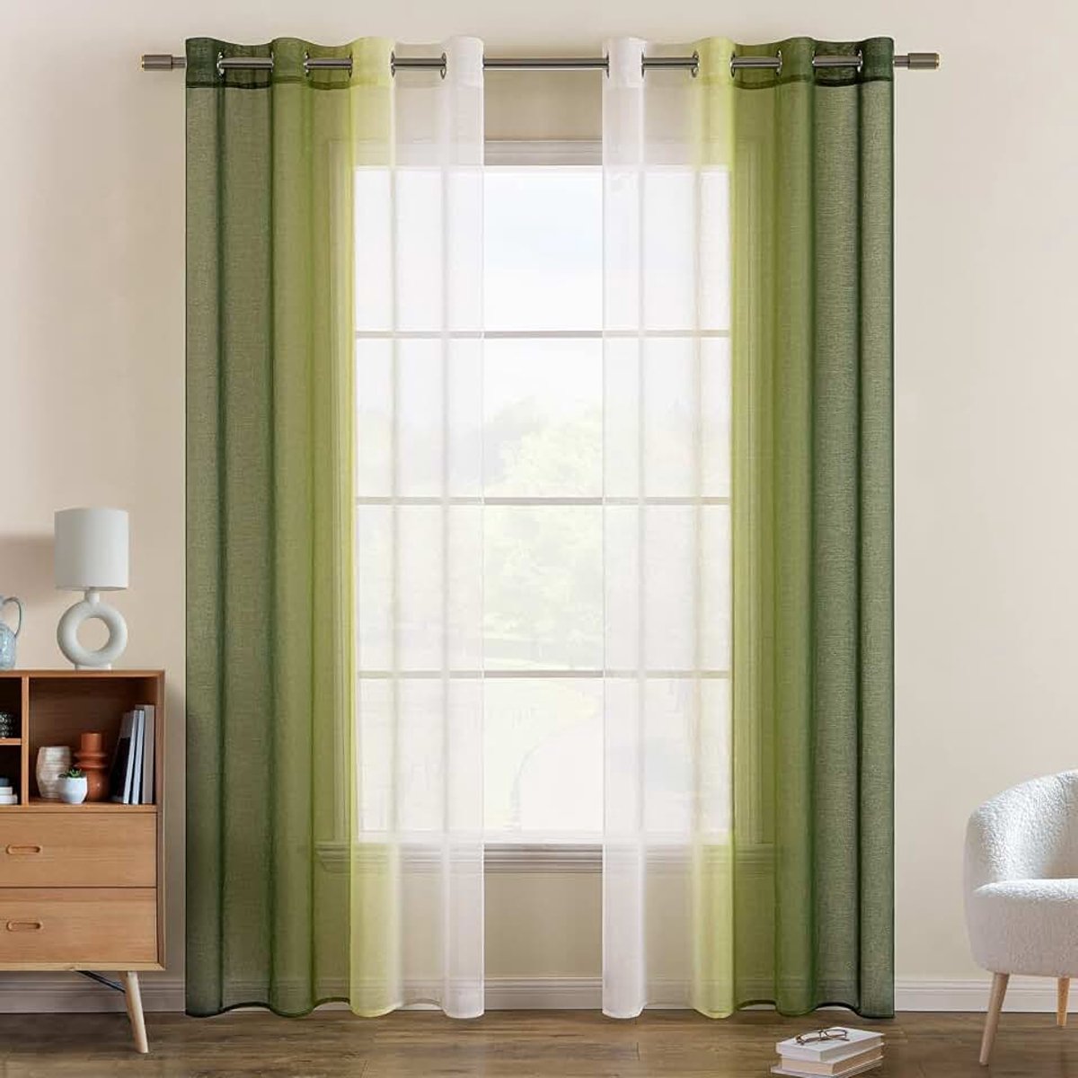 Tweekleurig Voile Gordijn met Ingestanste Ringen, Transparant en Lichtdoorlatend Decoratief voor de Slaapkamer, Set van 2, 140 x 260 cm, Olijfgroen