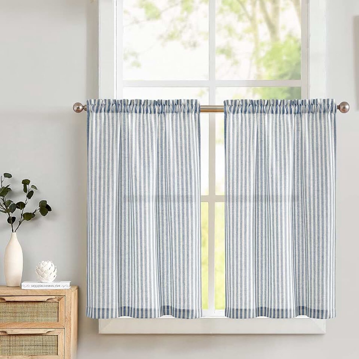 Keukengordijnen Linnen Gestreepte Gordijnen Blauwe Tier Curatins Cafe Gordijnen voor Badkamer Keuken Boerderij Gordijnen 24 Inch Lengte Staaf Pocket Raambehandeling Niveaus 2 Panelen Set Blauw op Beige