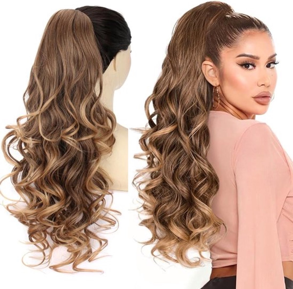 Ponytail Haarstuk met Klem - 66 cm Lange Golvende Haarextensions voor Volumineuze Vlechten in Bruin met Blonde Highlights voor Vrouwen
