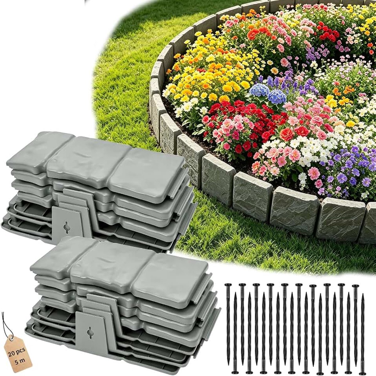 20 stuks tuinrand, 5 m, tuin, steen, flexibele tuinranden, tuinrand voor buiten, opritten, gazons en bloembedden, grijs