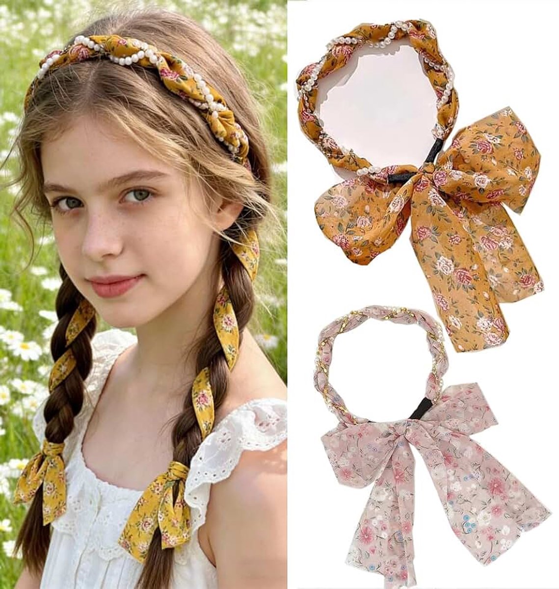 Hoofdband voor meisjes en kinderen, chiffon, gebroken bloemen, 2 kleuren, kindvriendelijke hoofdband, schattig haarsieraad voor meisjes, 1 stuk (verpakking van 2)