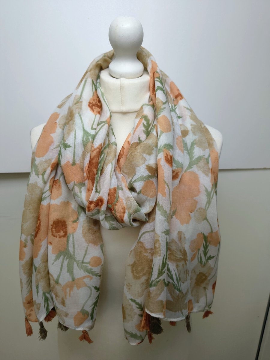 Lange dames sjaal Maryse-gebloemd motief-taupe wit oranje groen bruin