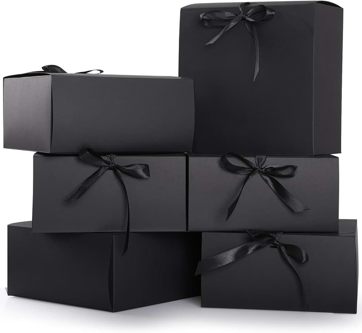 Set van 10 geschenkdozen met deksel, 20 x 20 x 10 cm, met lint, voor gebak, koekjes, levensmiddelen, kraftpapier, opvouwbaar, voor verjaardag, bruiloft, Kerstmis, zwart
