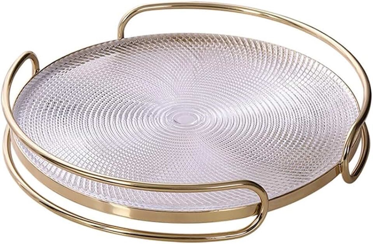 Fruitschaal Serveerschaal van getextureerd glas met metalen handgrepen. Decoratieve ronde schaal for fruit. Woonkamer. Keuken(Klein)