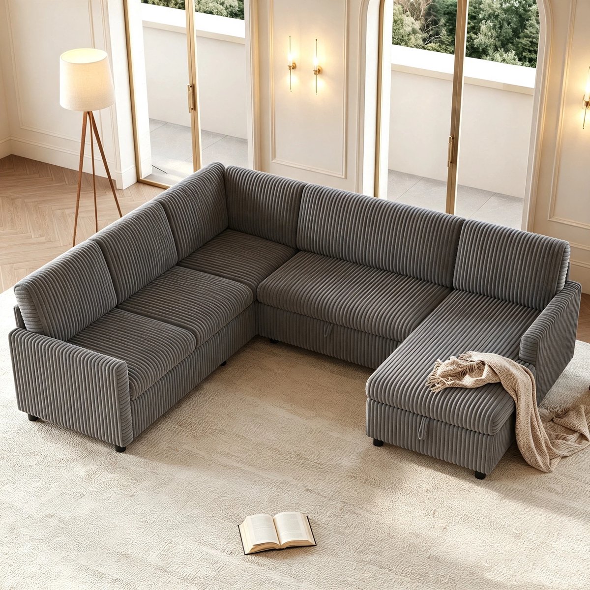 Moderne Hoekbank, U-Bank, 5-Zitsbank, Moderne U-Vormige Hoekbank Met Slaapfunctie, Uitschuifbaar Bed, Grove Corduroy Stof, Chaise Longue Met Opbergruimte, 220×274×85 cm,Grijs