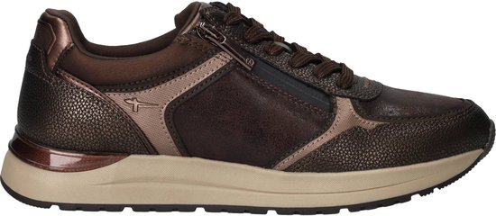 Bruine Tamaris sneaker met rits, verschillende bruine texturen en beige accenten.