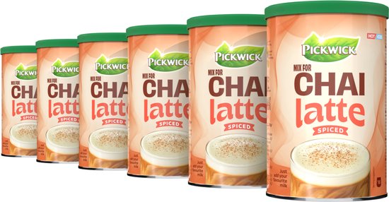 Zes blikken Pickwick Mix for Chai Latte Spiced met een afbeelding van een chai latte mok.