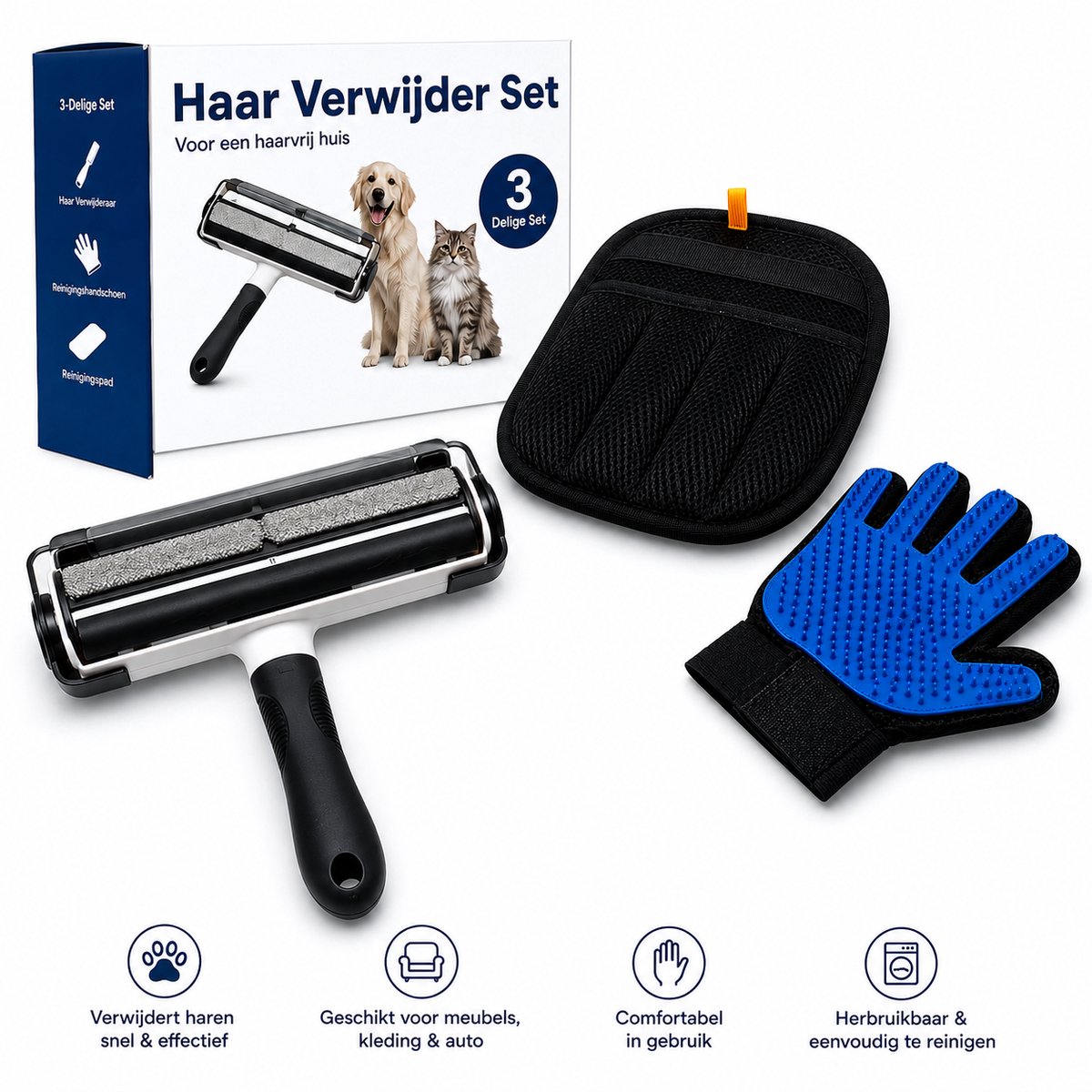 Huisdier haar Verwijderaar Set 3-Delig – Huisdier - Pluizenroller voor Dierenharen – Reinigingshandschoen – Herbruikbare Reinigingspad – Voor Bank, Kleding & Auto