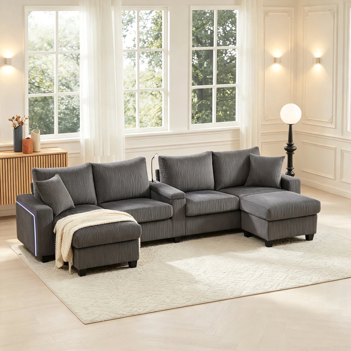U-Bank, 4-Zits Bank, U-vormige Corduroy Bank met 2 Krukjes, Leeslamp, Opklapbaar Plankje, Bekerhouder en USB/Type-C-aansluiting, Armleuningen aan Beide Zijden met Decoratieve Ledverlichting, Afmetingen: 334 x 128,5 x 81 cm,Grijs