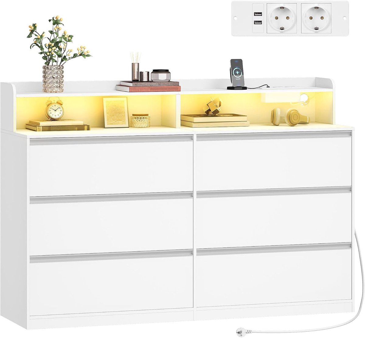 Hzuaneri ladekast met ledverlichting, 6 lades, 40 x 140 x 95 cm, wit, moderne bijzettafel, multifunctioneel opbergmeubel voor slaapkamer, woonkamer en hal.