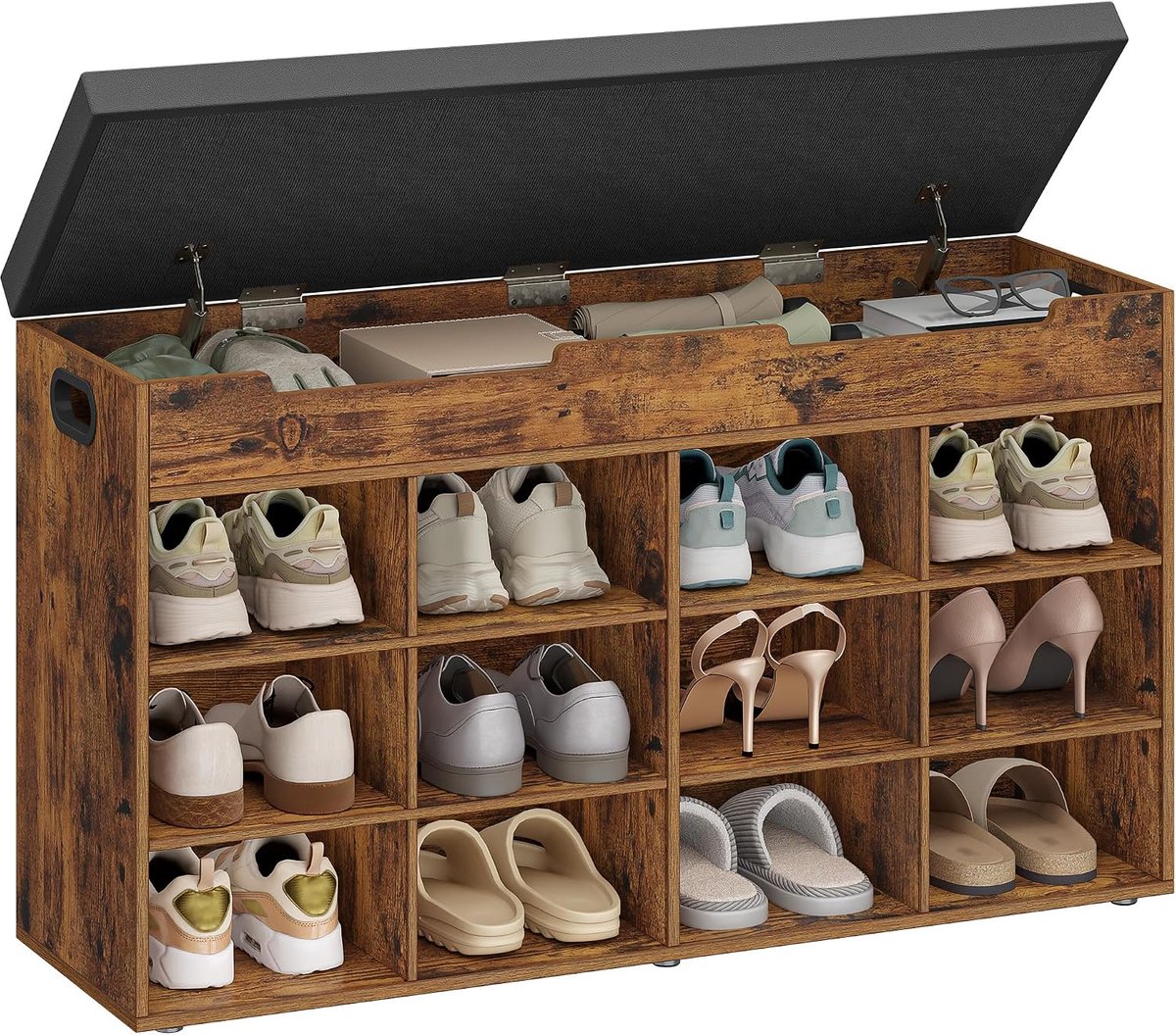 Hzuaneri Schoenenbank met zitting, 12 vakken, vintage bruin, Schoenenrek, zitbank met opbergruimte, uitneembare planken, 30 x 100 x 55 cm, voor woonkamer, hal, ingang