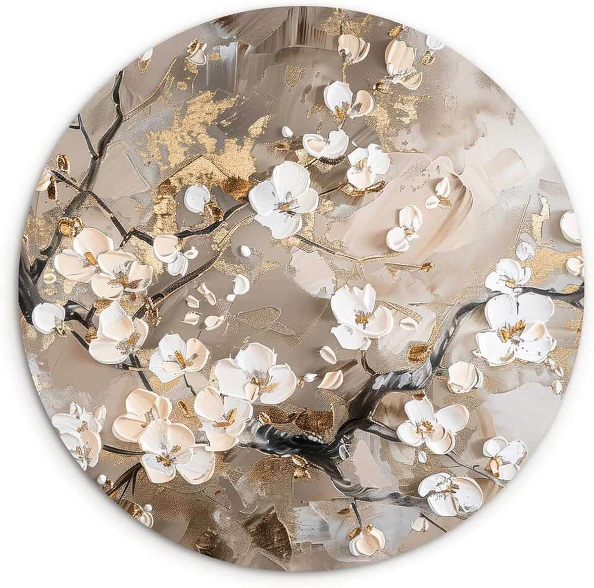 Wandcirkel Ø90 cm Muurcirkel Woonkamer Decoratie Wanddecoratie Huis Slaapkamer Badkamer Keuken Kunstschilderij Bloemen - Wit - Goud - Beige - Luxe
