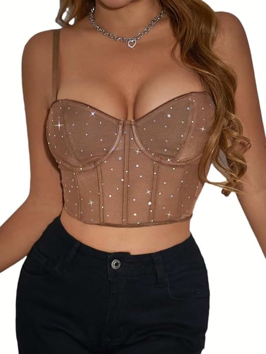 Tanktop voor dames, glinsterende korset, top, zomer, bovenstuk, sexy kant, bustier, spaghettibandjes, korset met push-up-effect, crop tops, party, korset, rave outfit, Y2k tanktop, basic